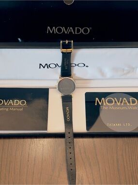 Authentic Movado Womans Black Leather Strap Dress Watch - Black